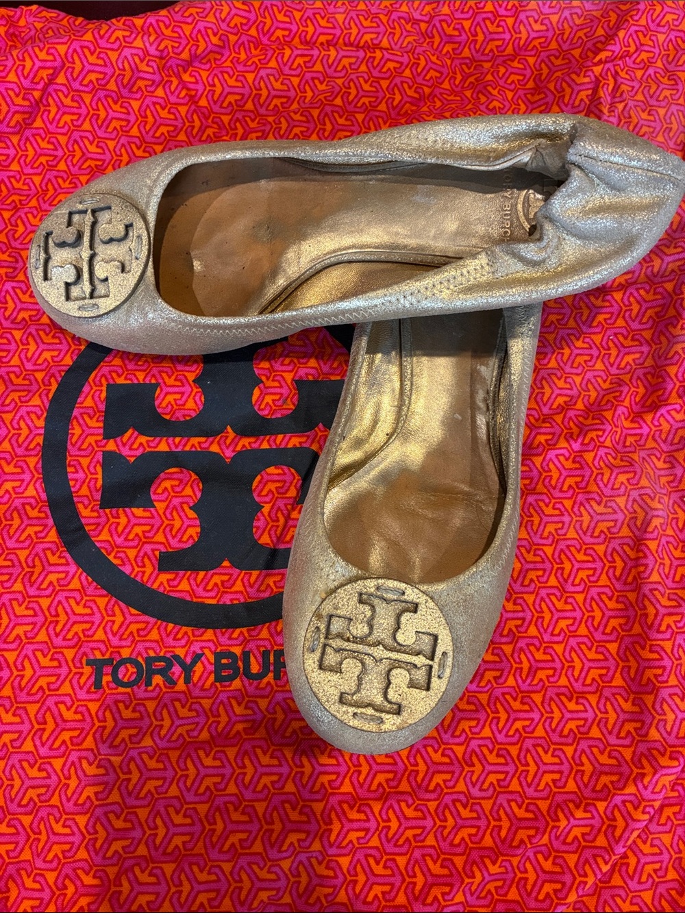 Tory Burch Metallic Gold Logo Ballet Flats